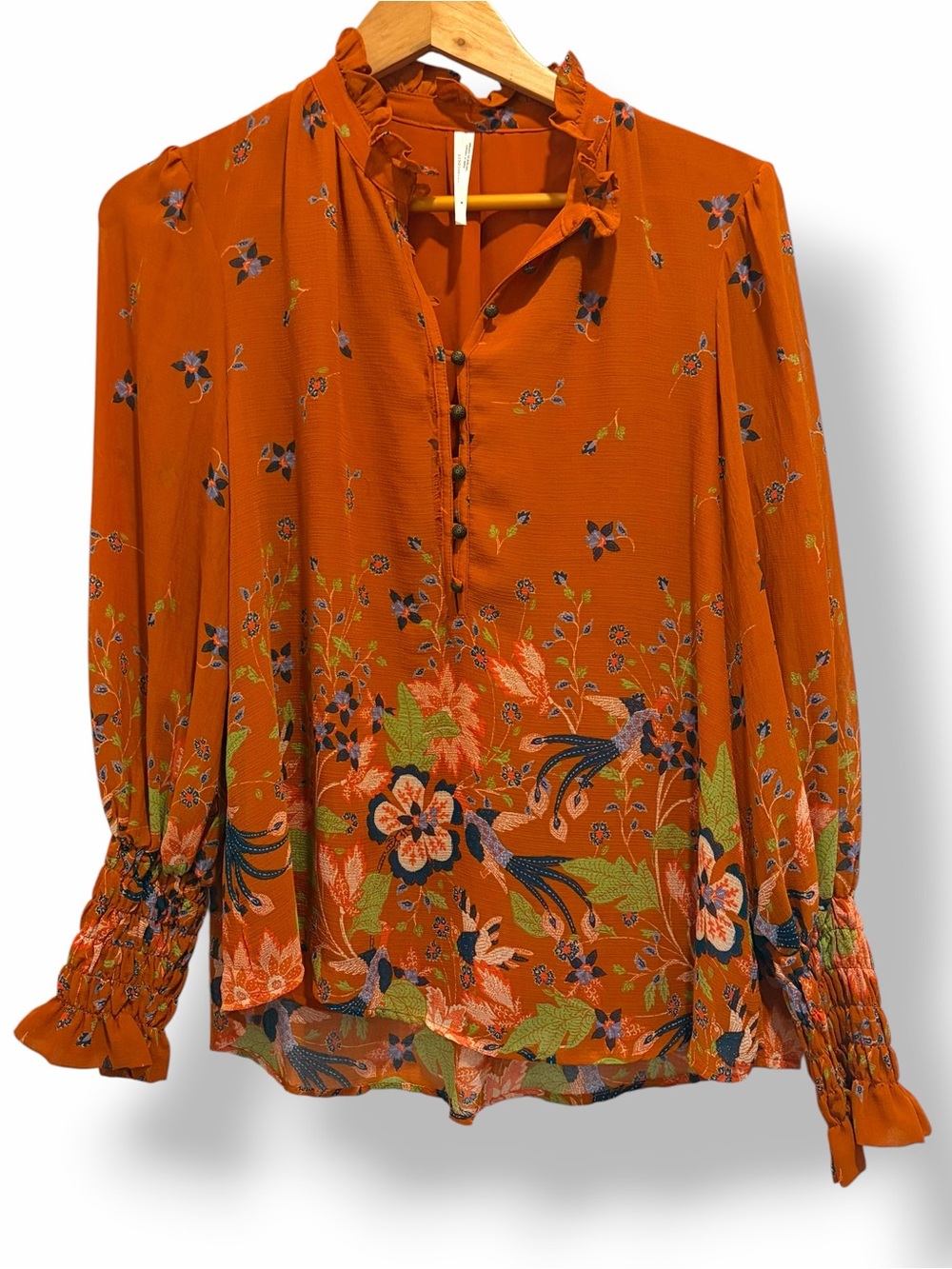 Anthropologie Maeve Orange Floral Boho Smocked Sleeve Blouse Top Size Medium - Picture 10 of 15